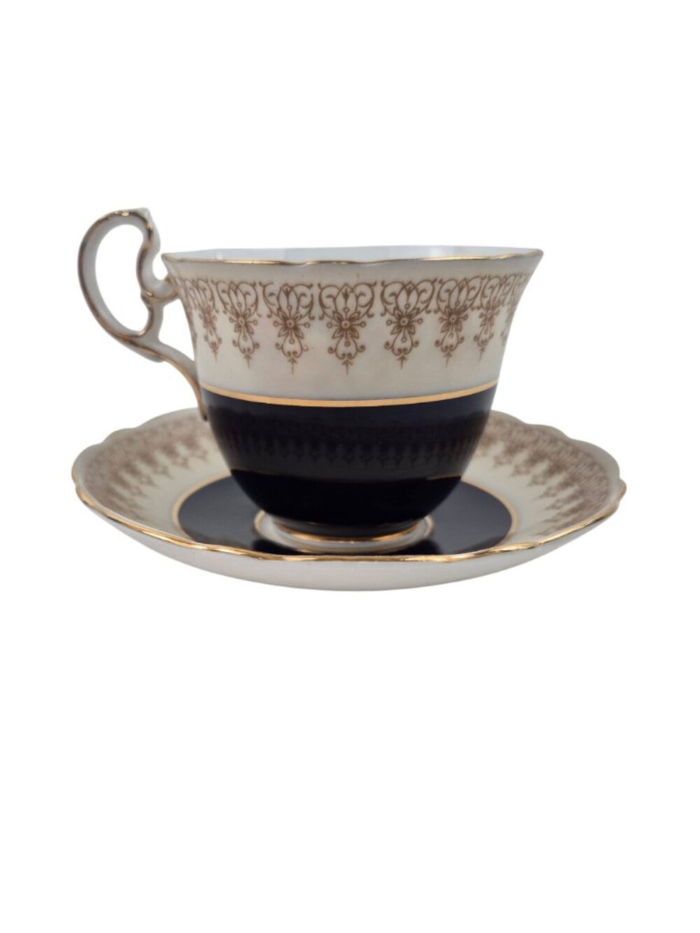 Aynsley Tea Cup Saucer Set Cobalt Blue Floral Bone China England Vintage 3 oz - Picture 6 of 10